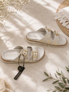 *New* House of Harlow 1960 Cream/Gray and Gold Embellished and Beaded Sandals